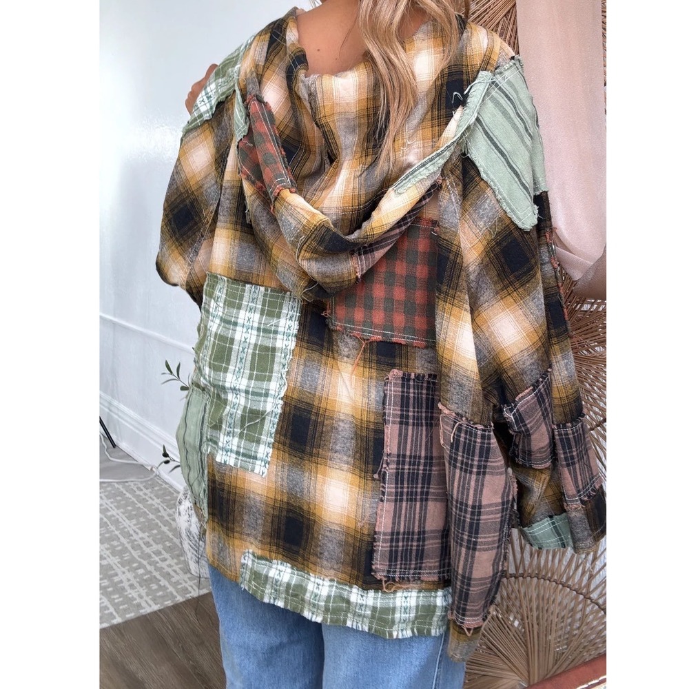 Blue Velvet Patchwork Plaid Hoodie Oversized Boho Grunge Henley Pullover L ww